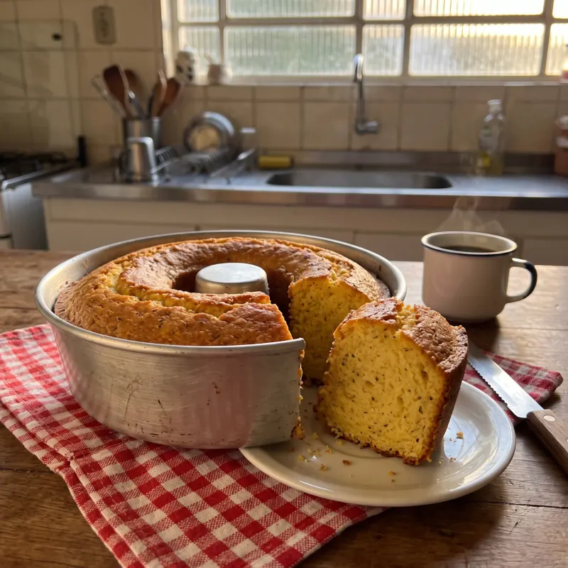 Bolo de fubá na forma, com uma fatia no pratinho