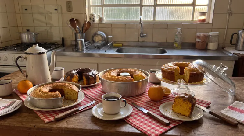 Mesa da cozinha da Vó Cida com bolos de fubá, cenoura e laranja, bule esmaltado e pano xadrez