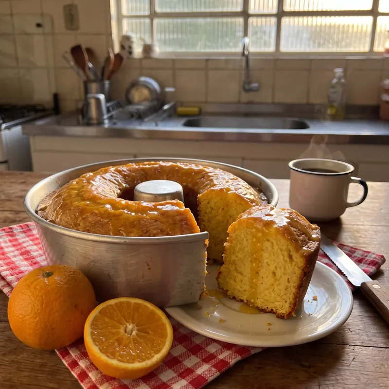 Bolo de laranja com calda, ao lado de laranjas