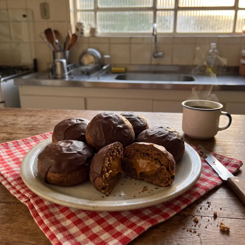 Pães de mel cobertos de chocolate num prato